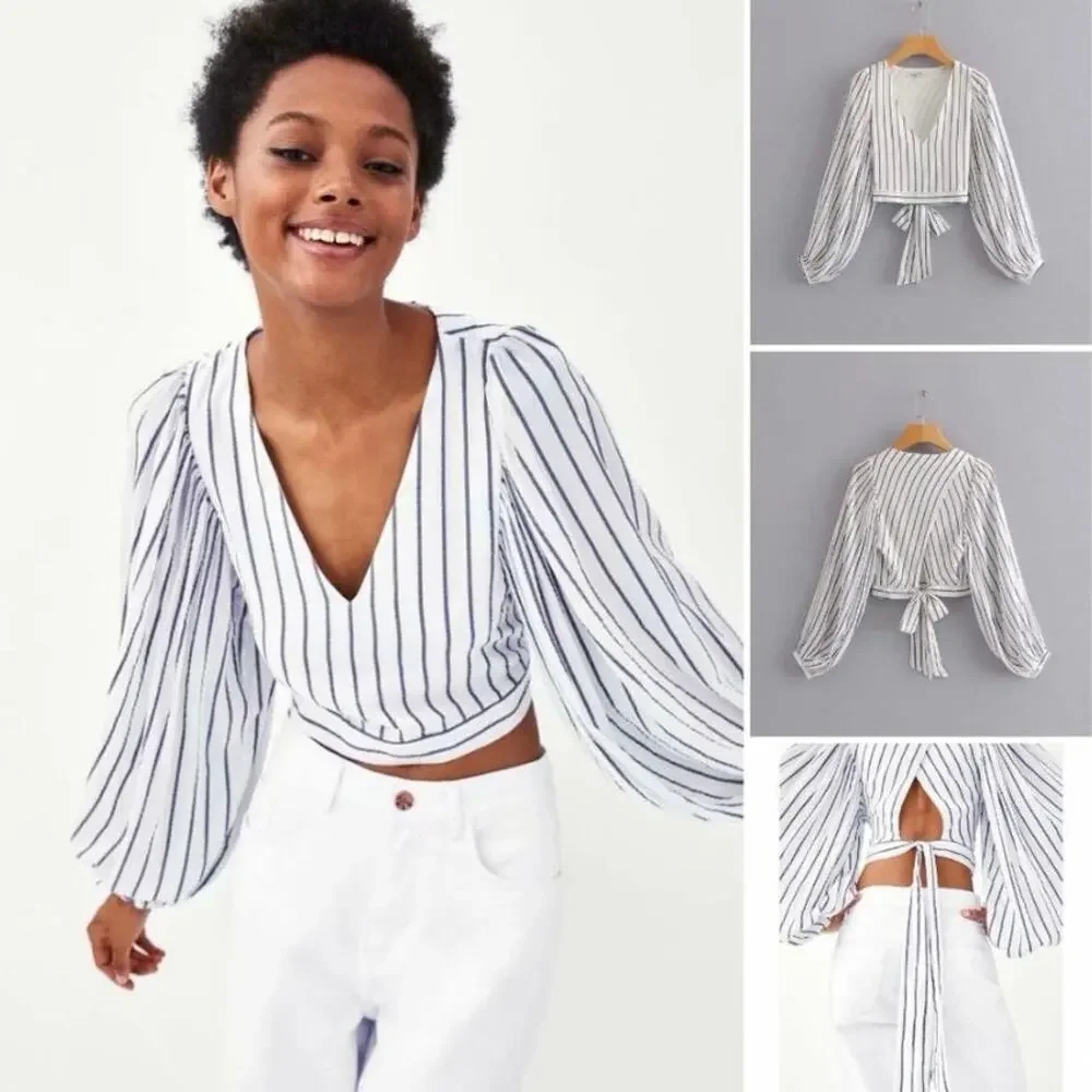 Zara White Striped Seersucker Balloon Sleeve Crop Top Size S White/Blue